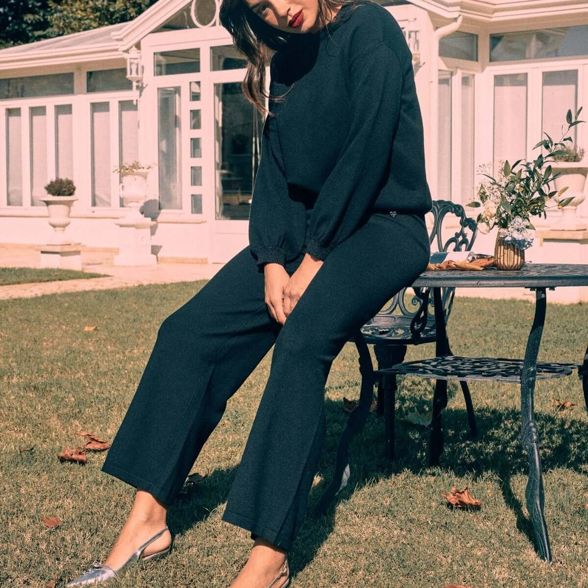 Pantalone a palazzo in maglia e con vita elasticizzata NERO DORABELLA XXL