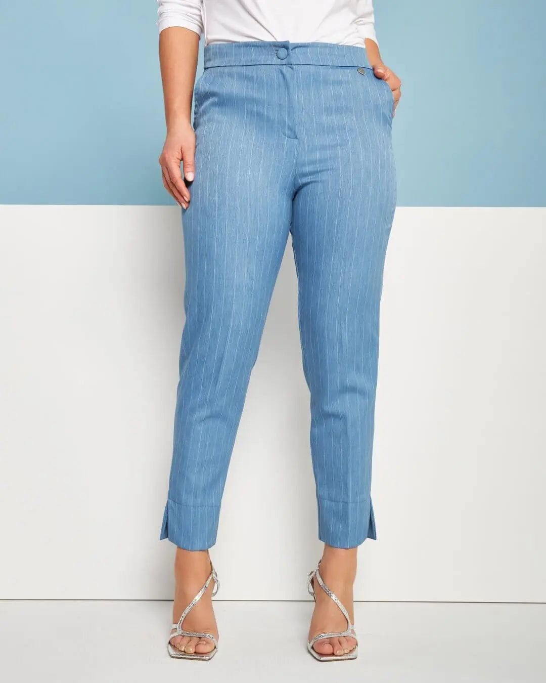 Pantalone a sigaretta in chambray gessato con tasca america DENIM DORABELLA XXL