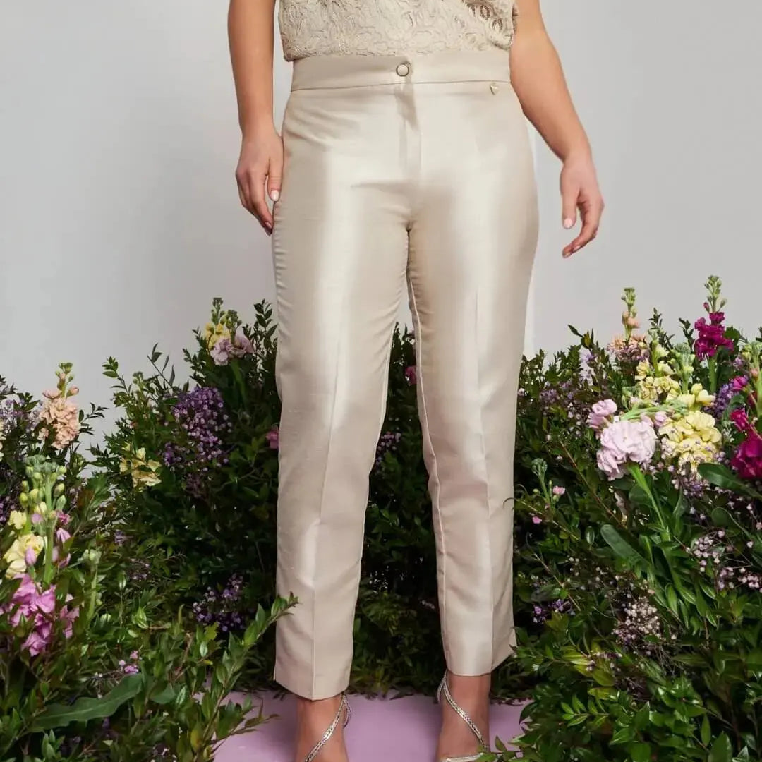 Pantalone a sigaretta in shantung con bottone rivestito CHAMPAGNE DORABELLA COUTURE XXL