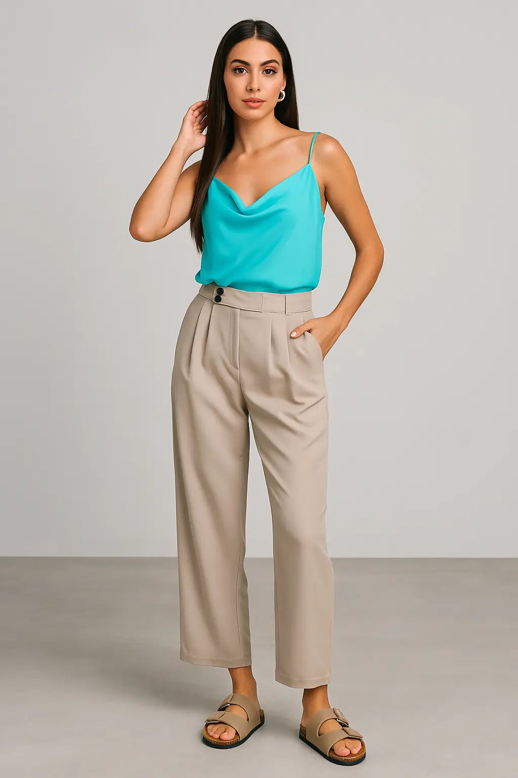 Pantalone ampio con doppia pinces e bustino con bottone allungato frontale Unica by Dorabella