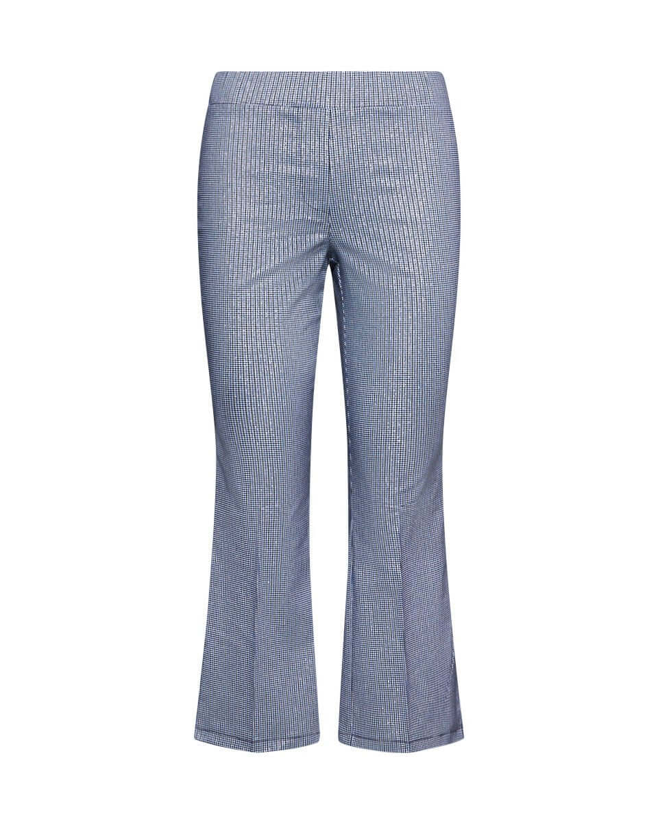 Pantalone capri zampetta in misto viscosa lurex elasticizzata con fantasia a quadri micro. BLU DORABELLA 50
