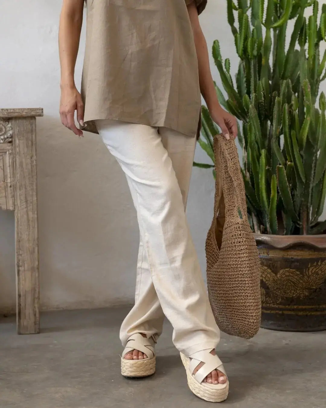 Pantalone con bustino elastico in lino NATURALE DORABELLA