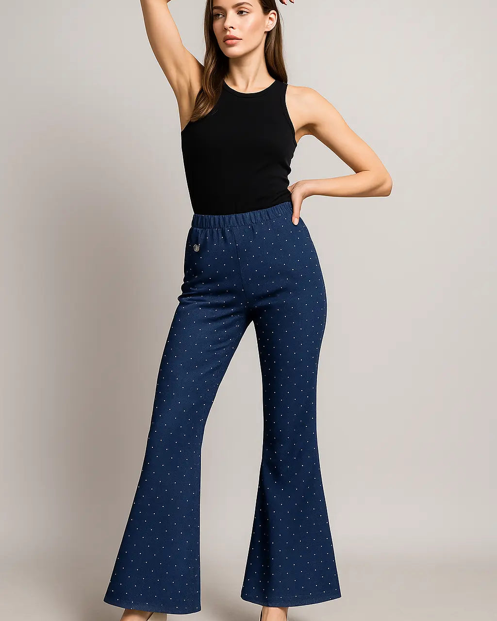 Pantalone con bustino elastico in tessuto chambray di cotone con strass DORABELLA