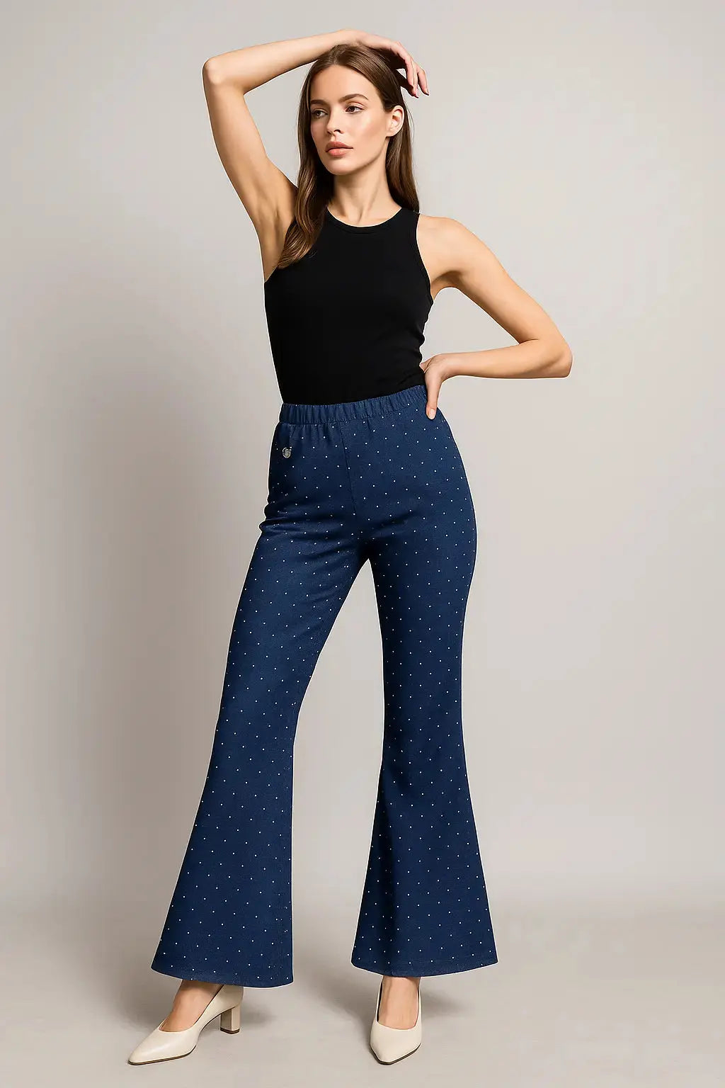 Pantalone con bustino elastico in tessuto chambray di cotone con strass DORABELLA