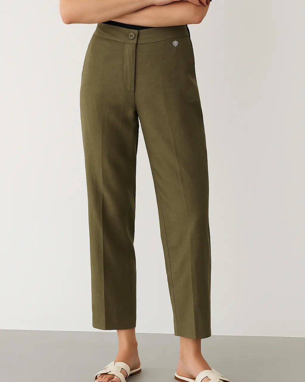 Pantalone con bustino elastico sul retro in misto lino verde militare DORABELLA