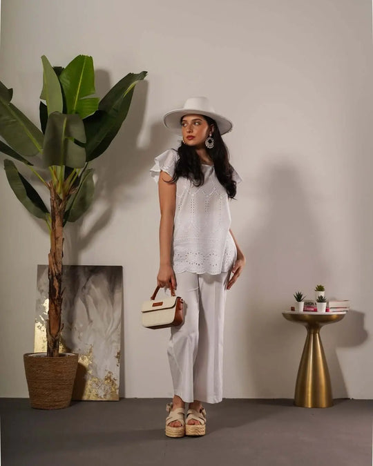 Pantalone con tasca ricamata in pizzo Sangallo BIANCO DORABELLA XXL