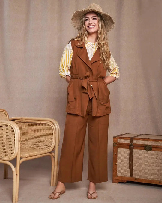 Pantalone cropped in twill di viscosa con tasche e bustino elastico MORO DORABELLA XXL