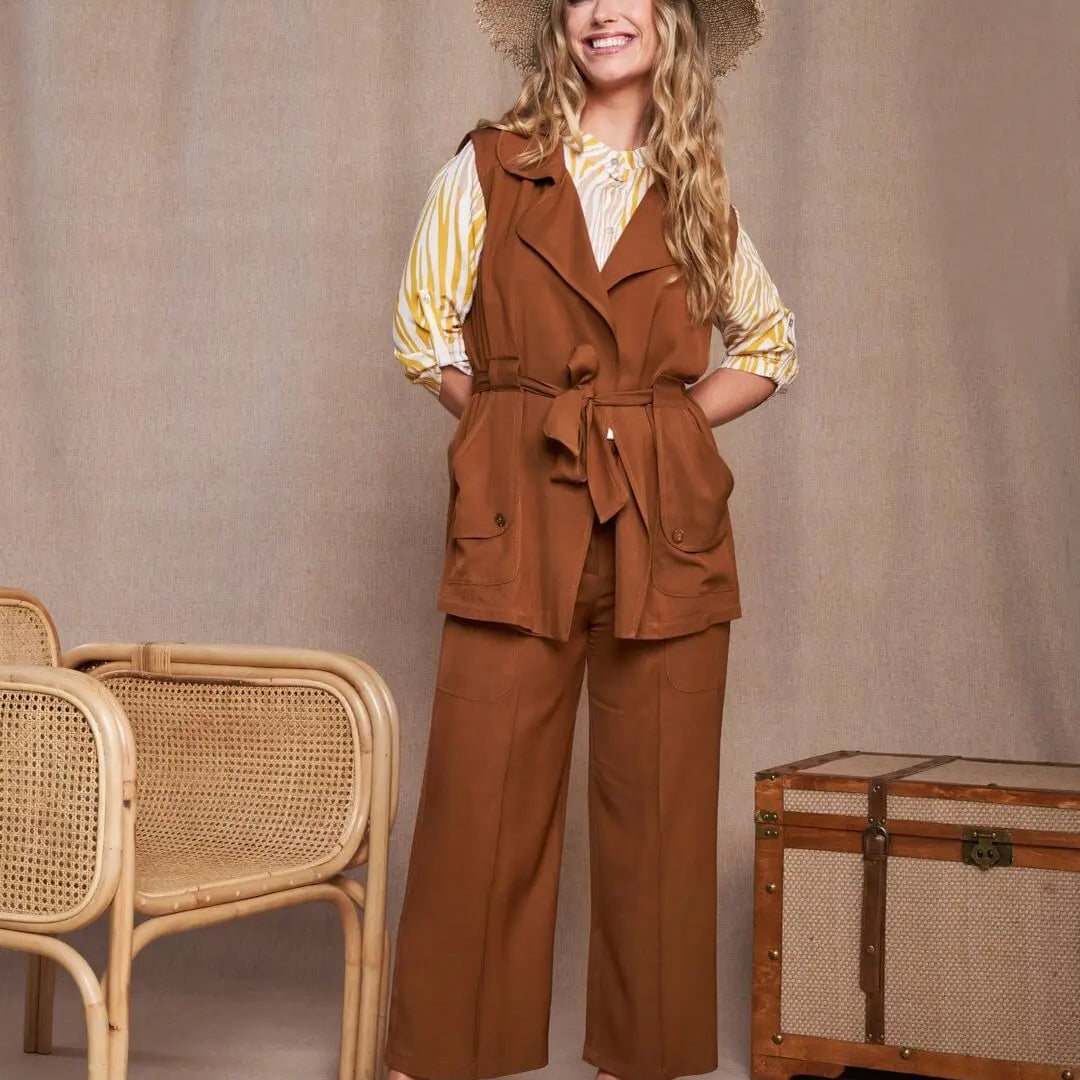 Pantalone cropped in twill di viscosa con tasche e bustino elastico MORO DORABELLA XXL