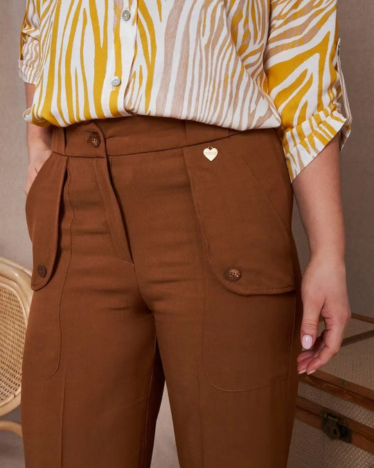 Pantalone cropped in twill di viscosa con tasche e bustino elastico MORO DORABELLA