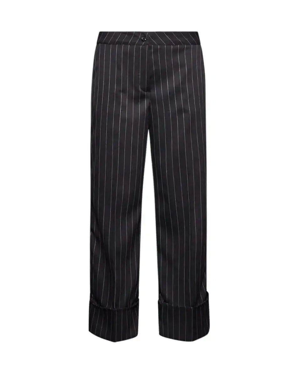 Pantalone gessato a gamba dritta in tela elasticizzata tinta unita con maxi risvolto al fondo. NERO DORABELLA
