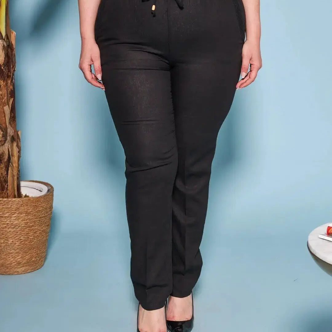 Pantalone in misto lino/viscosa con dettaglio passamaneria NERO DORABELLA PIU' 49