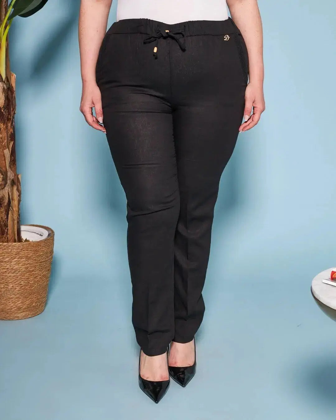 Pantalone in misto lino/viscosa con dettaglio passamaneria NERO DORABELLA PIU' 49