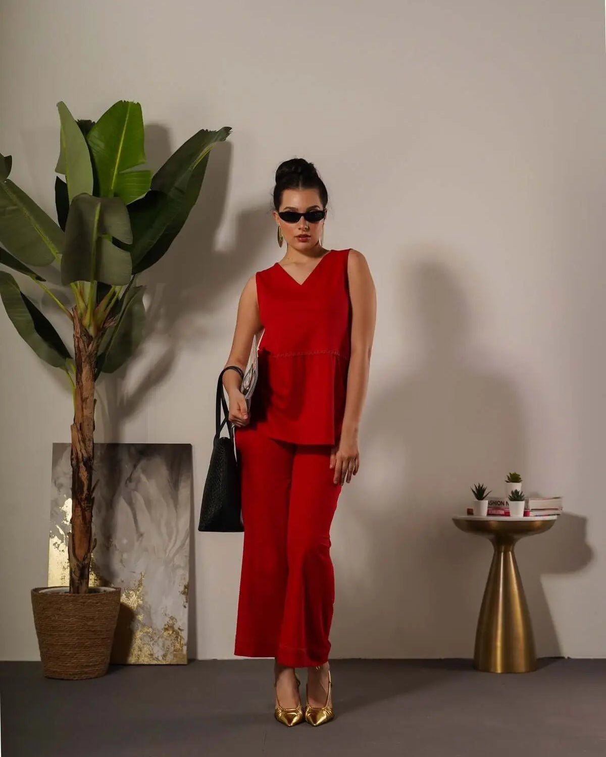 Pantalone in tinta unita con passamaneria in misto viscosa ROSSO INDIA DORABELLA XXL