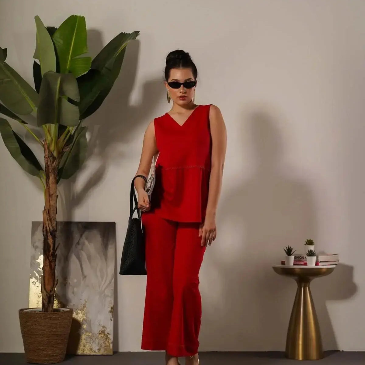Pantalone in tinta unita con passamaneria in misto viscosa ROSSO INDIA DORABELLA XXL