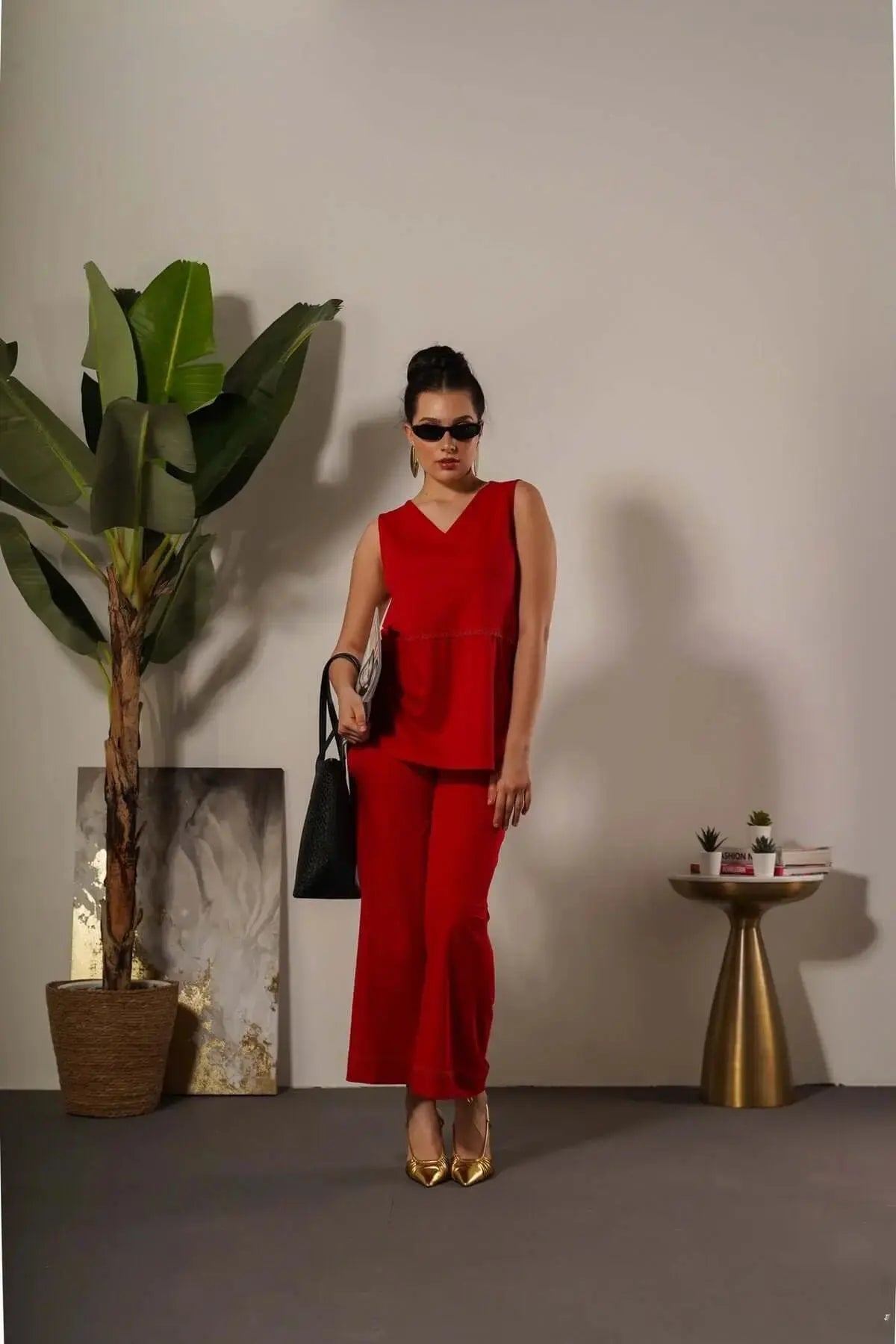 Pantalone in tinta unita con passamaneria in misto viscosa ROSSO INDIA DORABELLA XXL