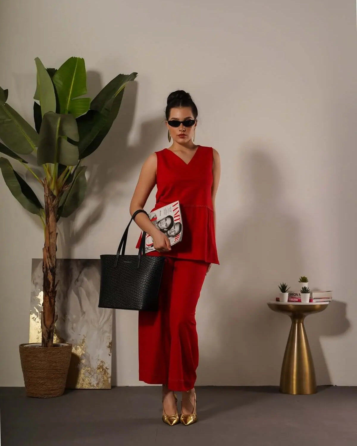 Pantalone in tinta unita con passamaneria in misto viscosa ROSSO INDIA DORABELLA