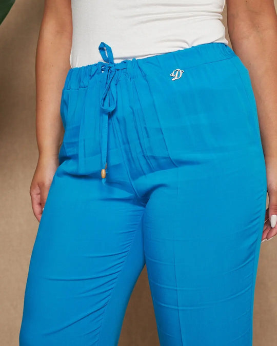 Pantalone morbido a gamba dritta in twill di viscosa tinta unita con coulisse in vita. TURCHESE DORABELLA