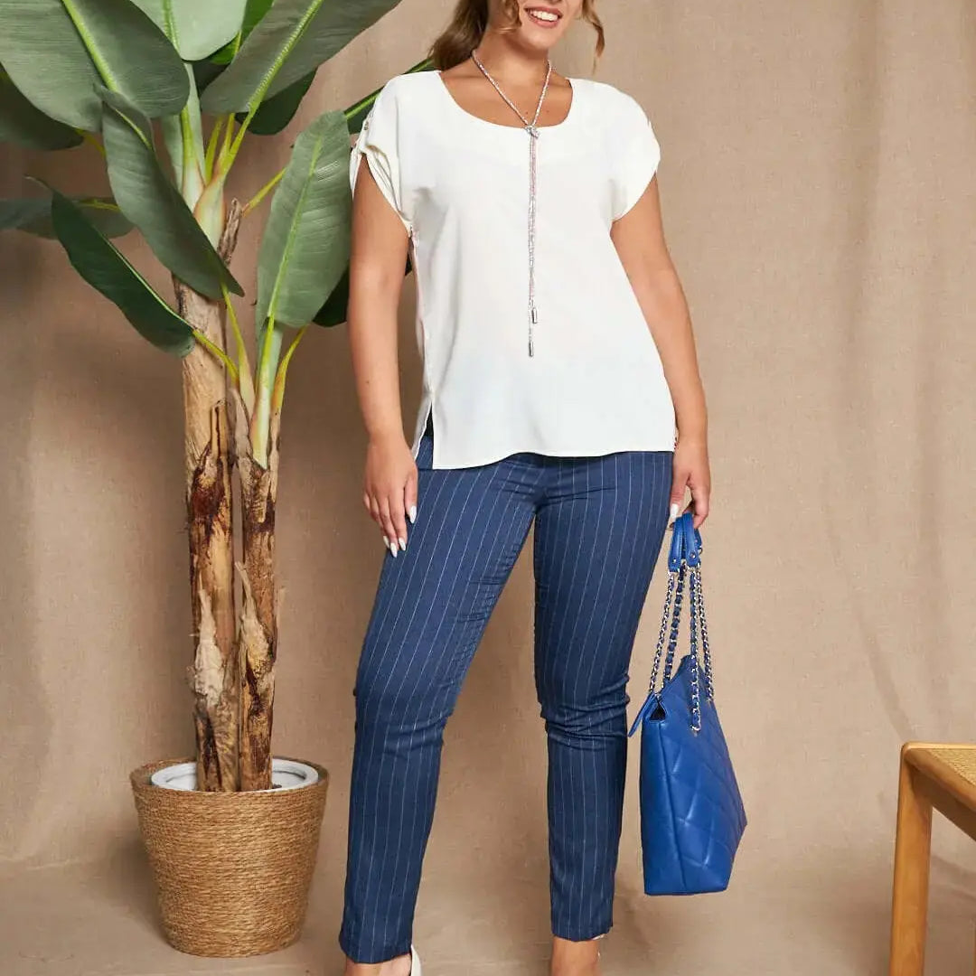 Pantalone skinny in chambray gessato con tasche america e logo D metallico. BLU DORABELLA 50