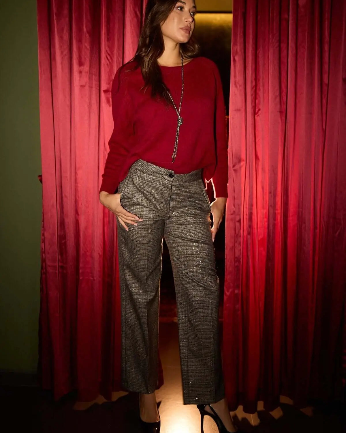 Pantaloni a gamba dritta in check ricamato ARGENTO DORABELLA