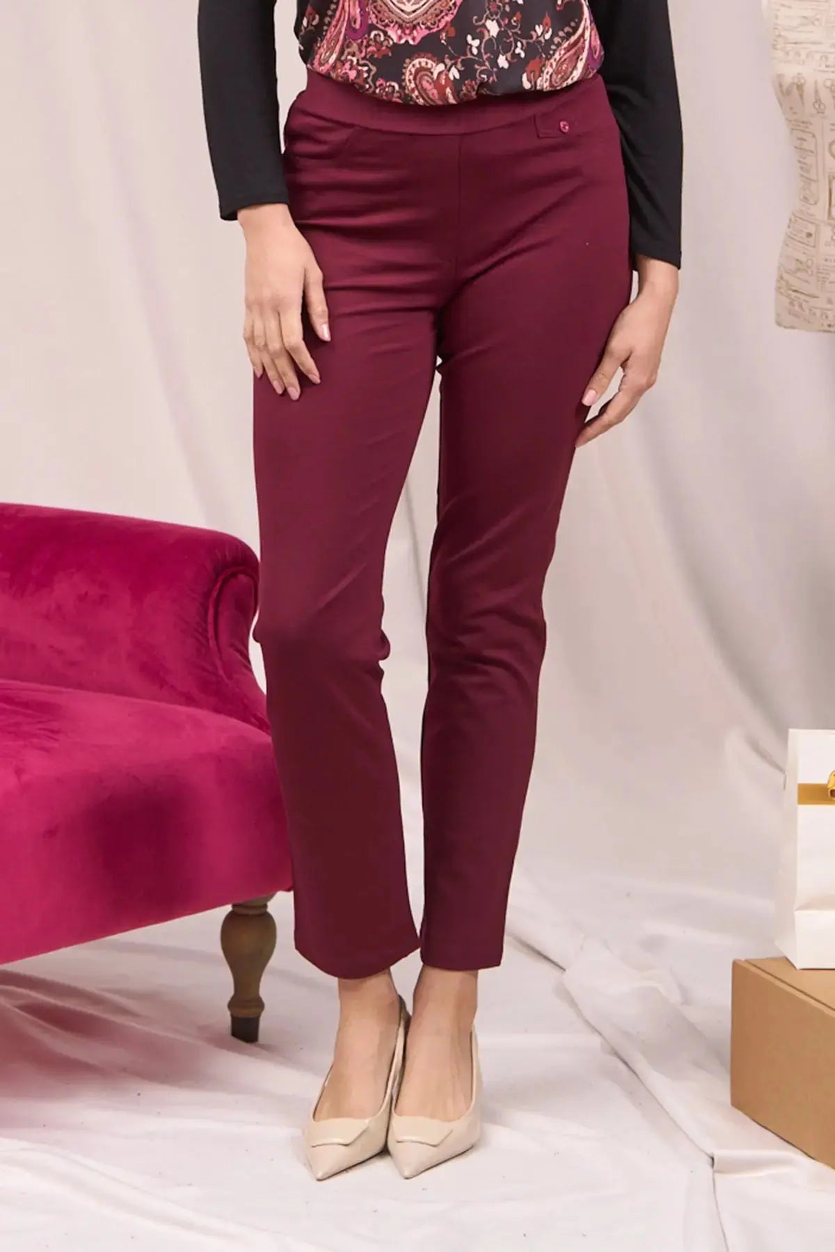 Pantaloni con vita elastica e pattina con bottone BORDEAUX DORABELLA