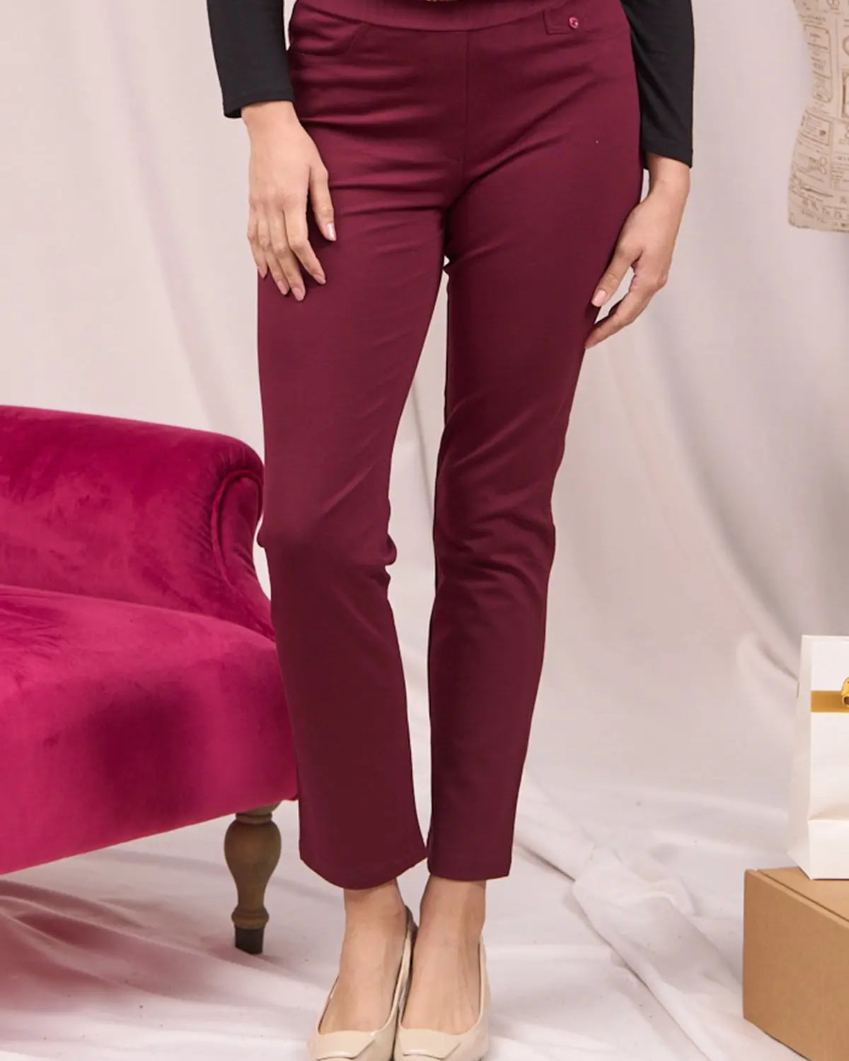 Pantaloni con vita elastica e pattina con bottone BORDEAUX DORABELLA