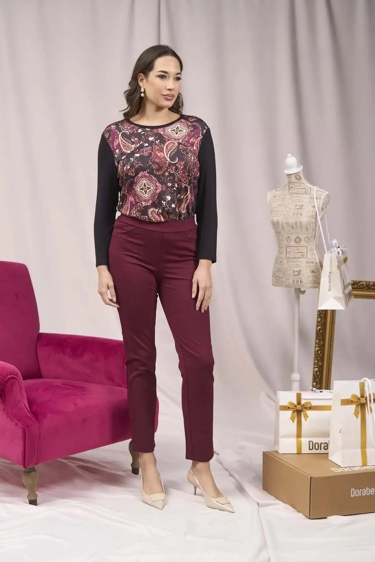 Pantaloni con vita elastica e pattina con bottone BORDEAUX DORABELLA