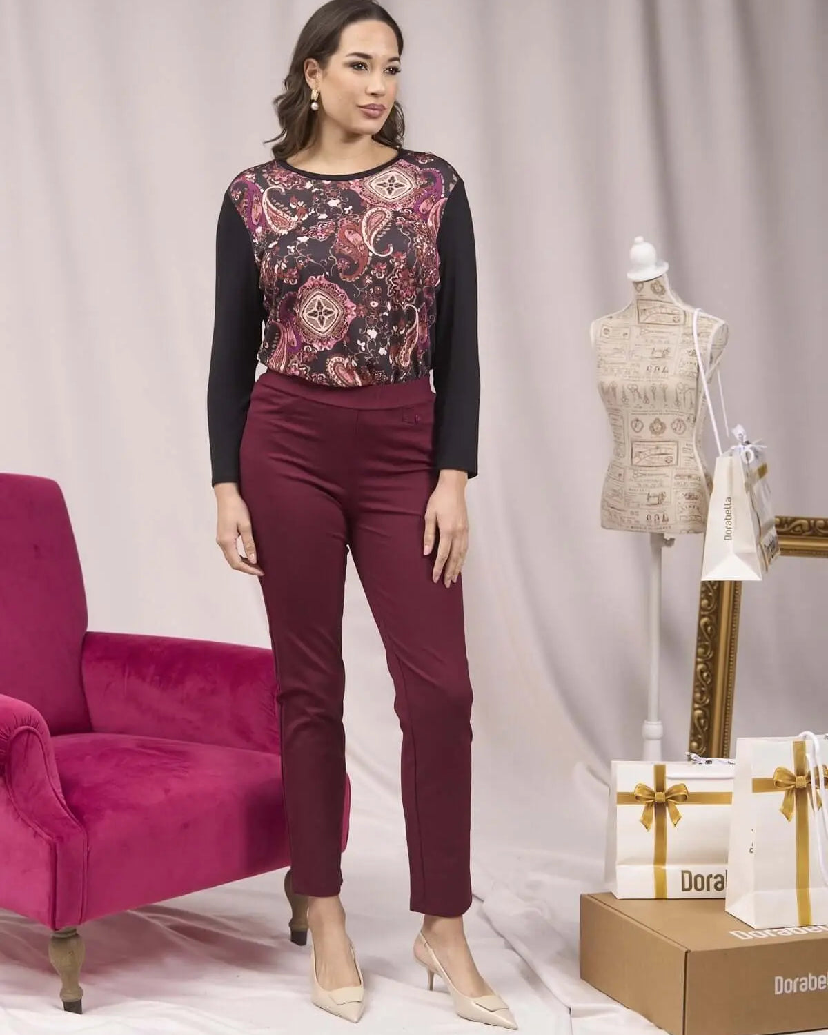 Pantaloni con vita elastica e pattina con bottone BORDEAUX DORABELLA
