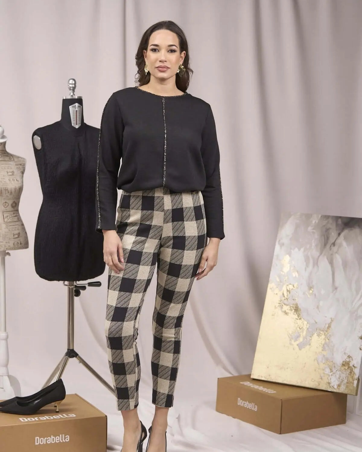 Pantaloni slim fit fantasia con spacchetti BEIGE DORABELLA XXL