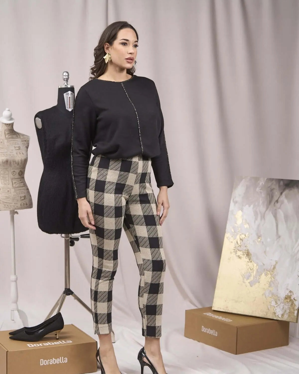 Pantaloni slim fit fantasia con spacchetti BEIGE DORABELLA