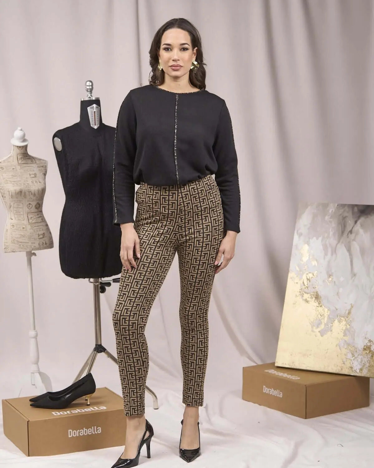 Pantaloni slim fit fantasia con spacchetti CAMMELLO DORABELLA XXL