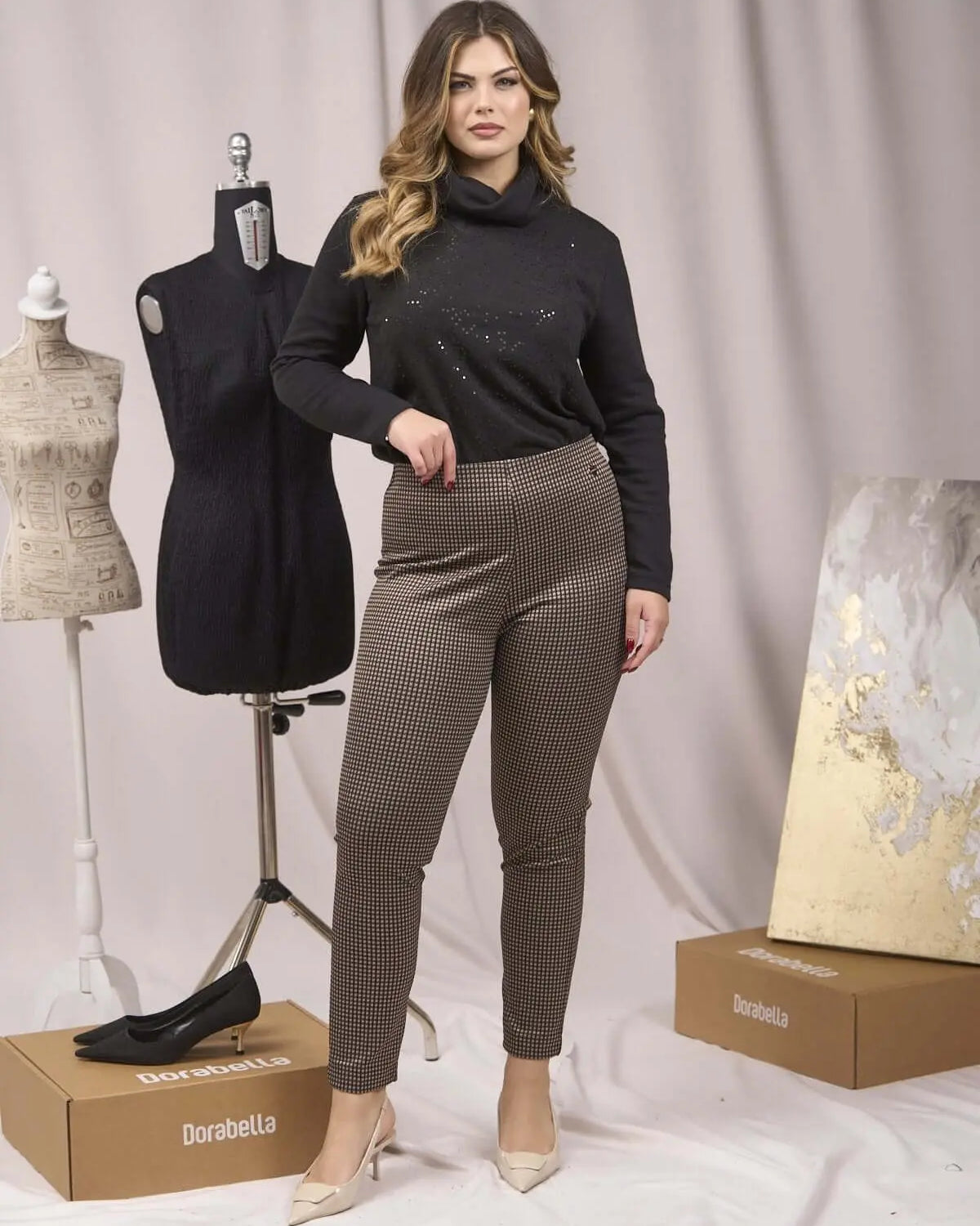 Pantaloni slim fit fantasia con spacchetti CUOIO DORABELLA XXL