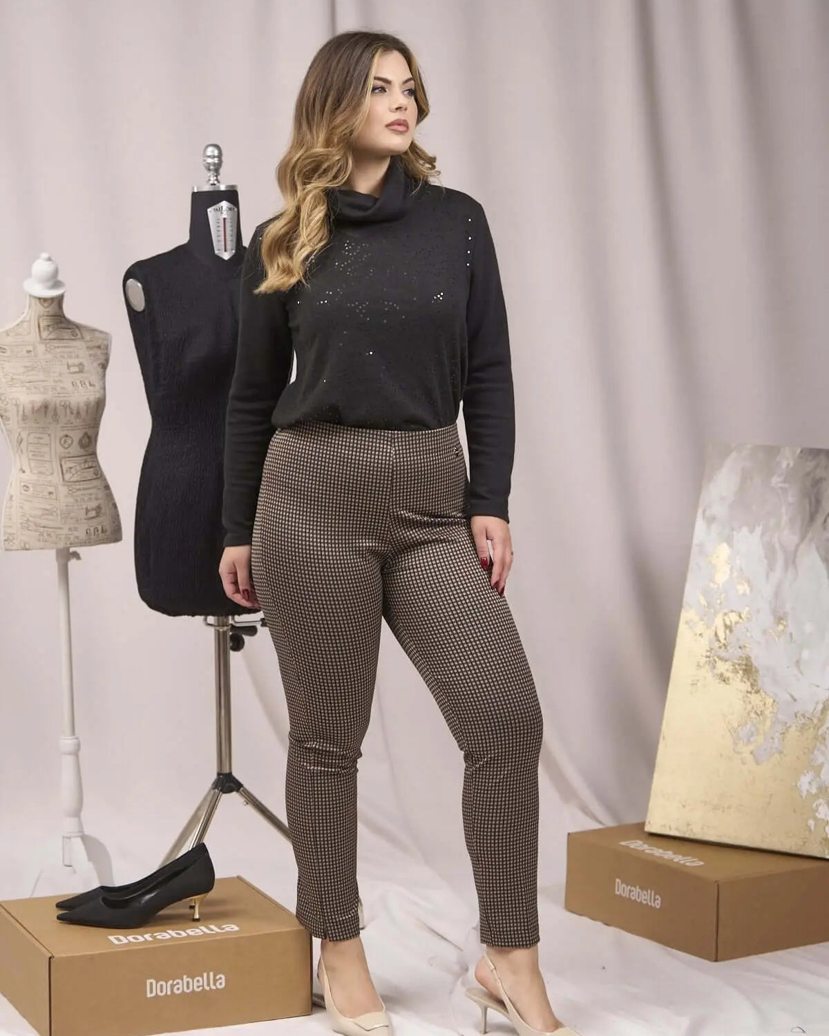 Pantaloni slim fit fantasia con spacchetti CUOIO DORABELLA