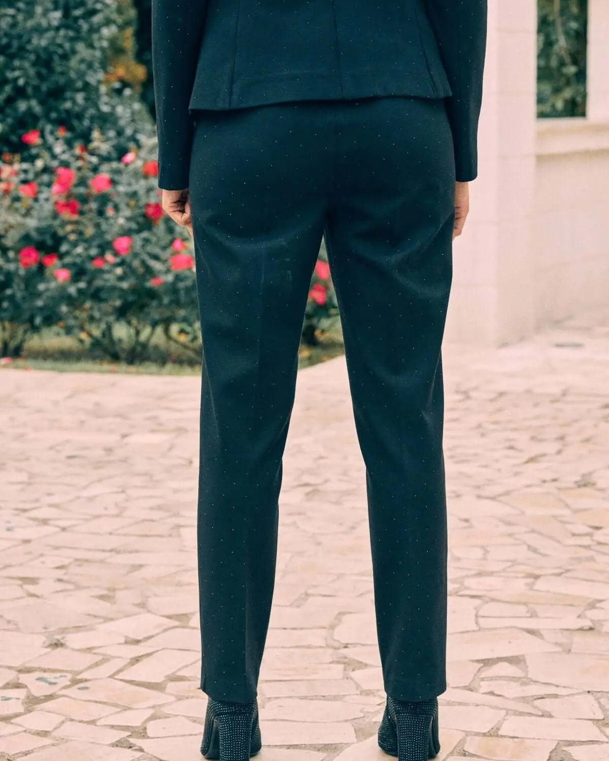 Pantaloni wide leg con piega di stiro e strass all over NERO DORABELLA