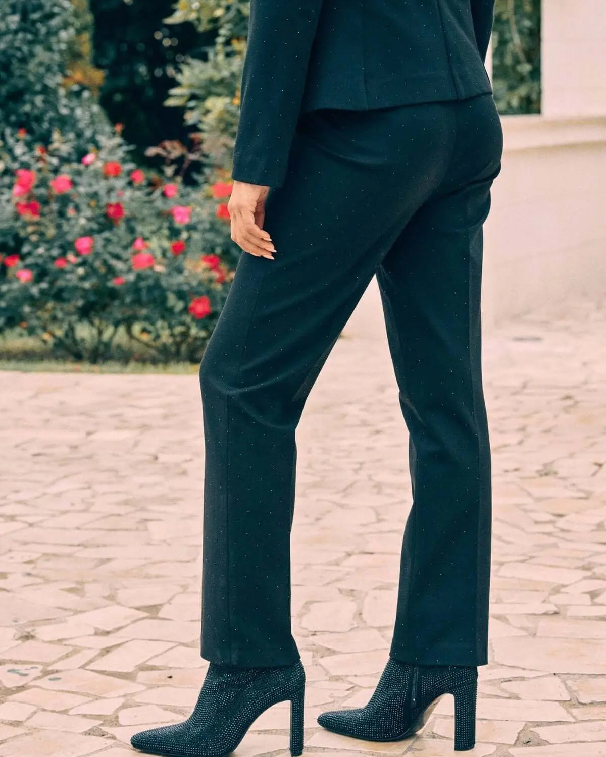 Pantaloni wide leg con piega di stiro e strass all over NERO DORABELLA