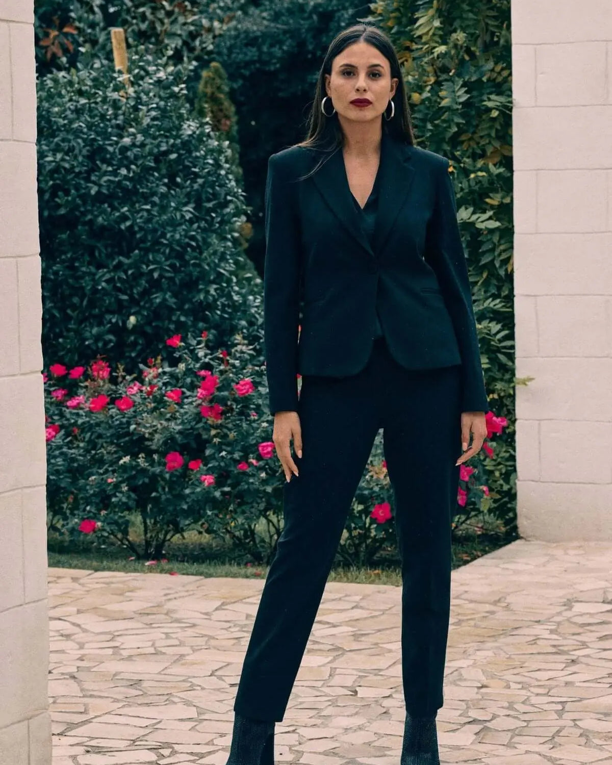 Pantaloni wide leg con piega di stiro e strass all over NERO DORABELLA