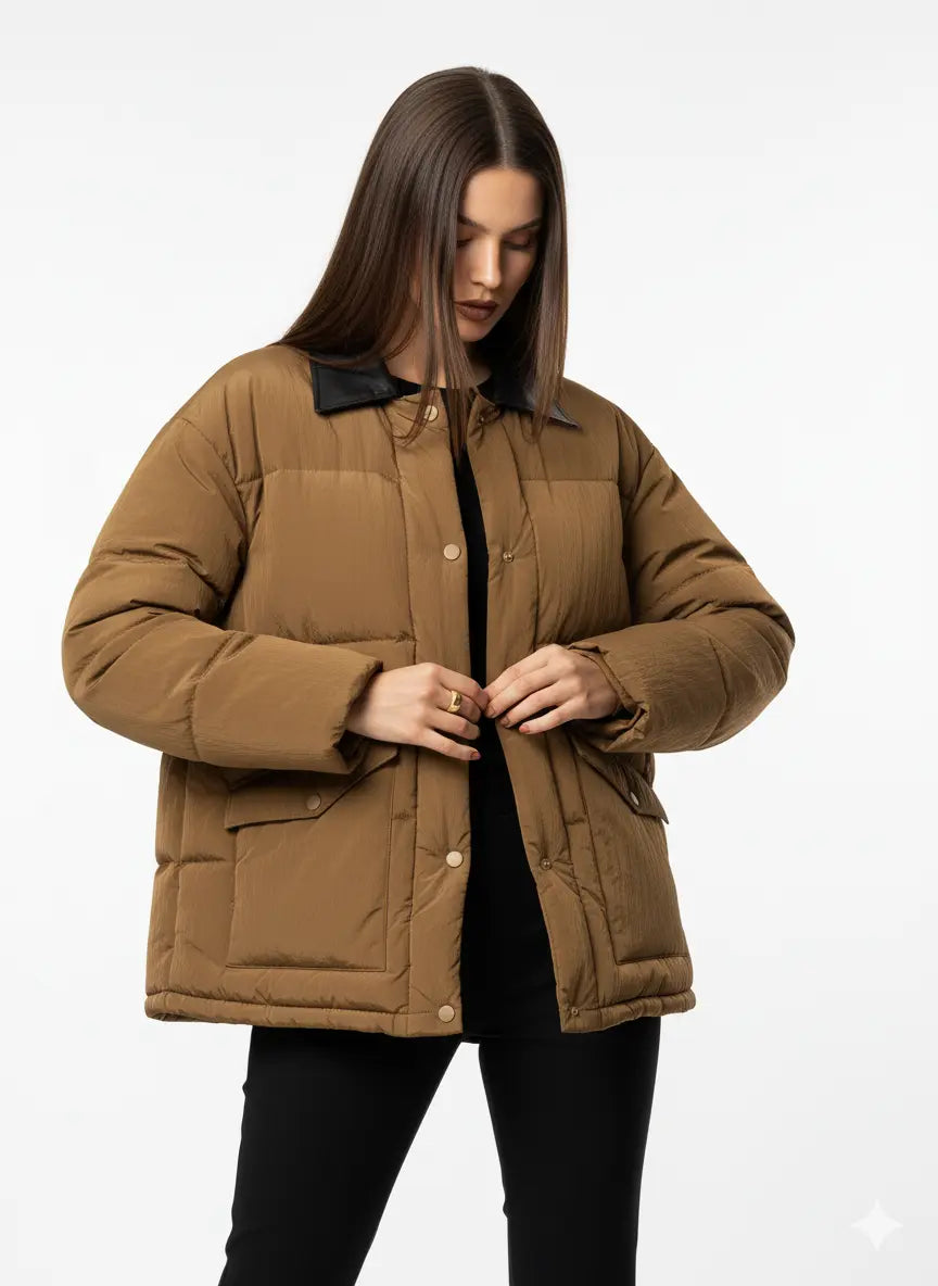 Piumino corto con colletto in eco pelle UNICA by Ironica