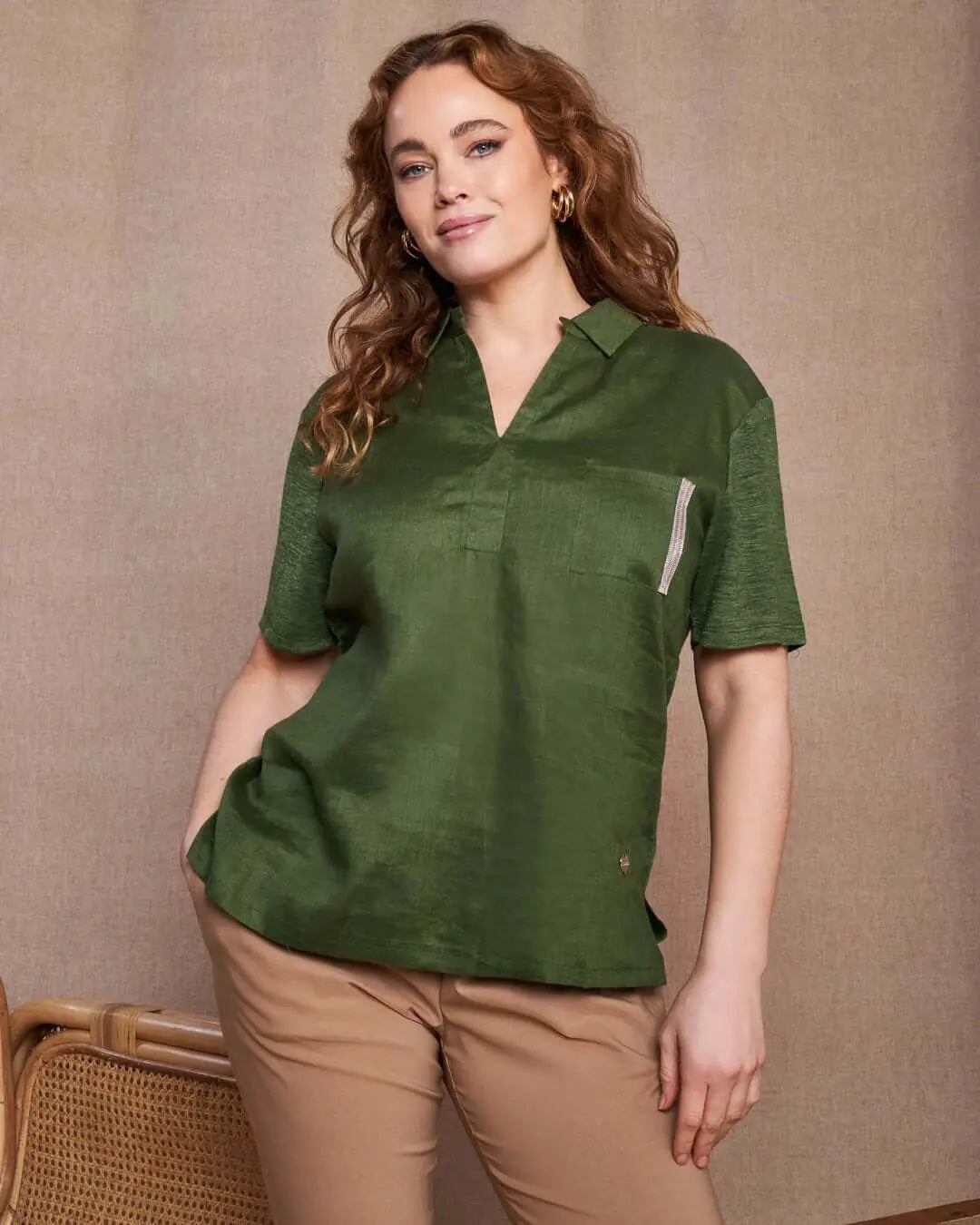 Polo combinata in lino e jersey melange con applicazione di micro catene sul tashino MILITARE DORABELLA PIU' XXXL