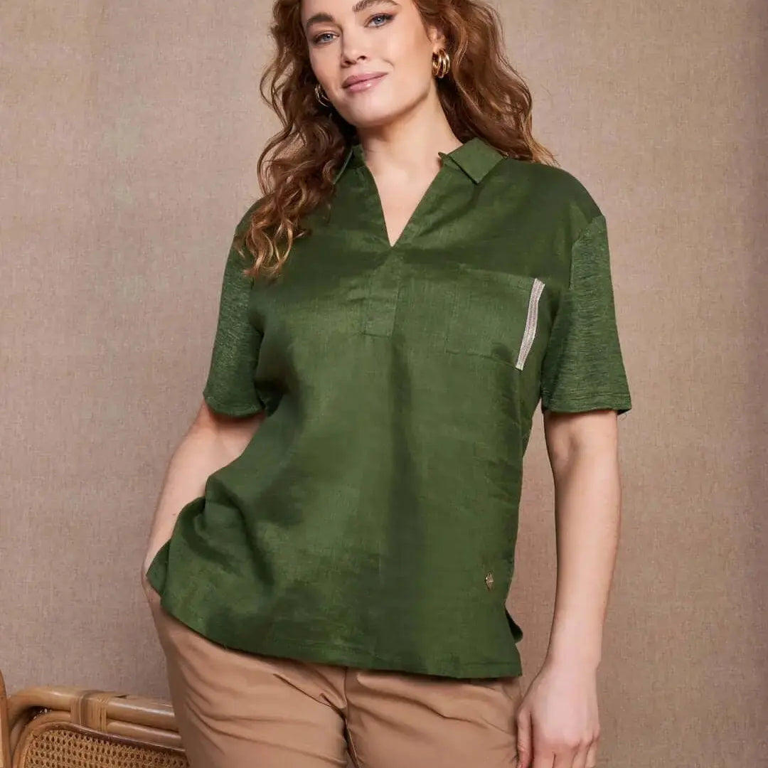 Polo combinata in lino e jersey melange con applicazione di micro catene sul tashino MILITARE DORABELLA PIU' XXXL
