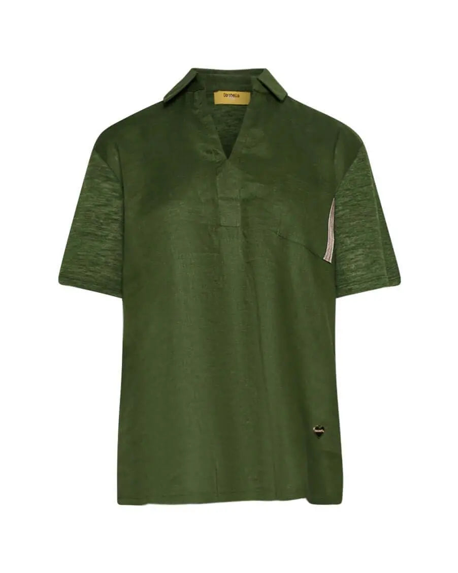 Polo combinata in lino e jersey melange con applicazione di micro catene sul tashino MILITARE DORABELLA PIU'