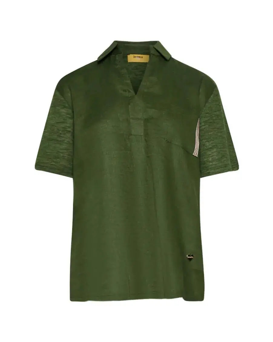 Polo combinata in lino e jersey melange con applicazione di micro catene sul tashino MILITARE DORABELLA PIU'