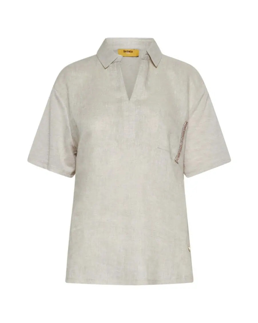 Polo combinata in lino e jersey melange con applicazione di micro catene sul tashino NATURALE DORABELLA PIU'