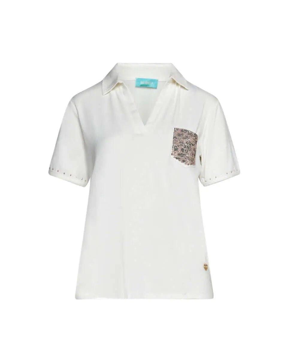 Polo in jersey di viscosa elasticizzata con taschino con borchie fantasia animalier BIANCO DORABELLA