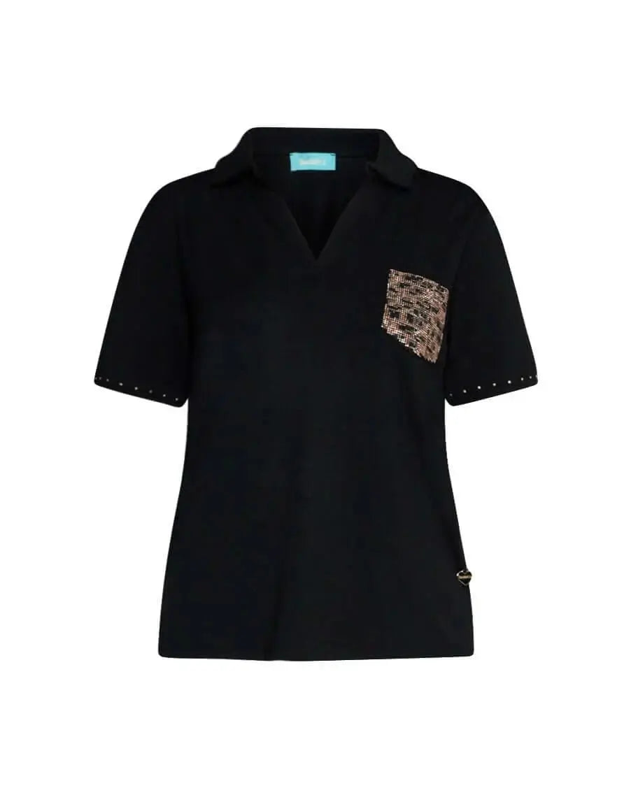 Polo in jersey di viscosa elasticizzata con taschino con borchie fantasia animalier BLACK DORABELLA