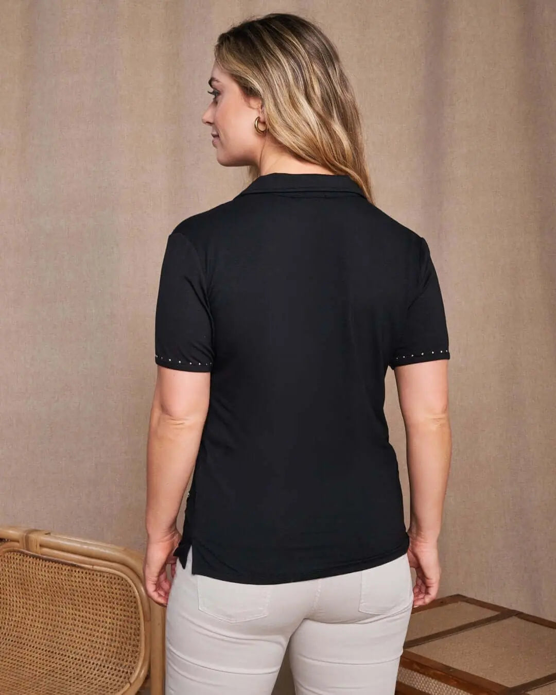 Polo in jersey di viscosa elasticizzata con taschino con borchie fantasia animalier BLACK DORABELLA