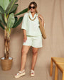 Short in tela di lino e viscosa tinta unita con bustino elasticizzato. MENTA DORABELLA XL