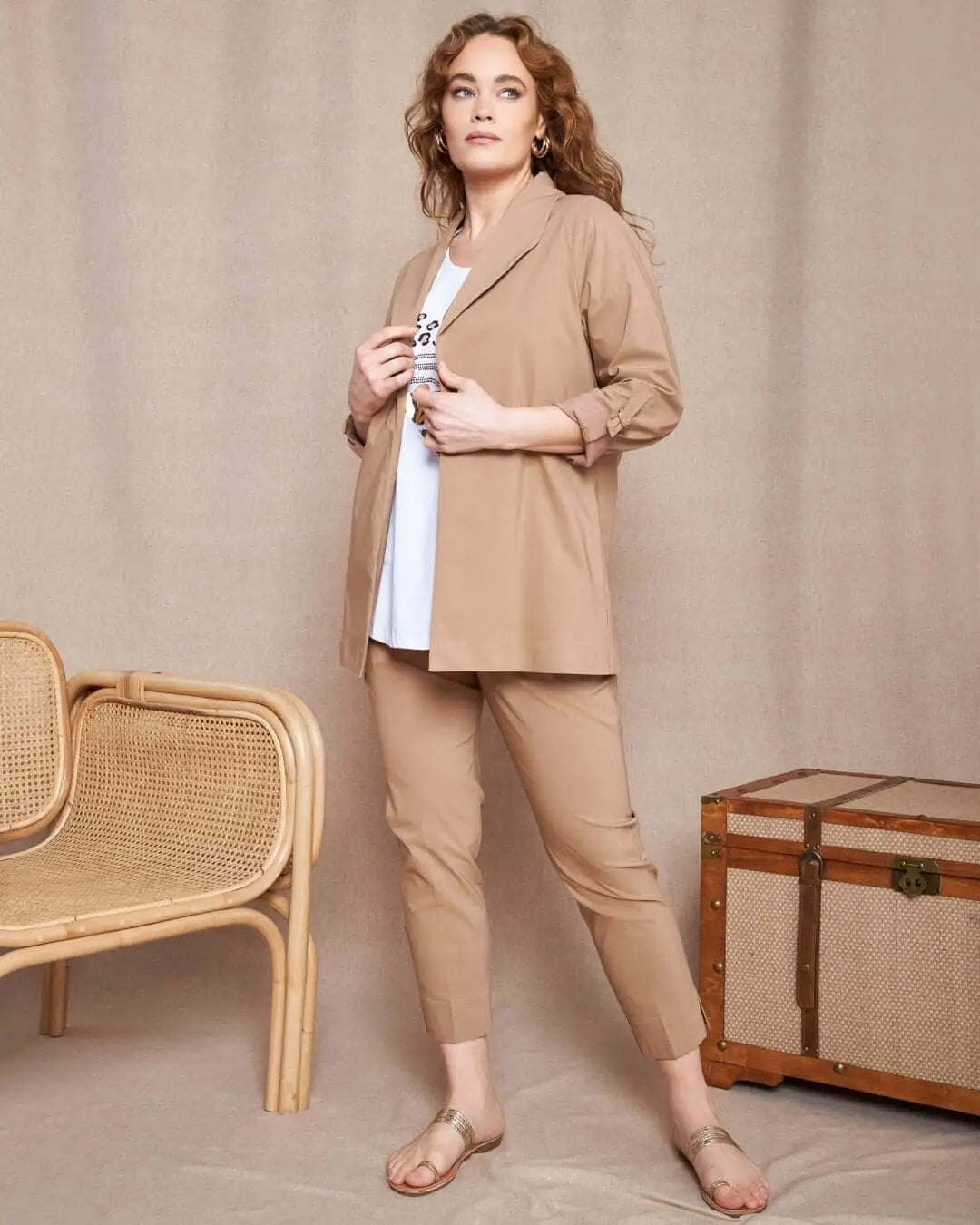 Spolverino in gabardine di misto viscosa elasticizzata con collo revers SABBIA DORABELLA PIU'