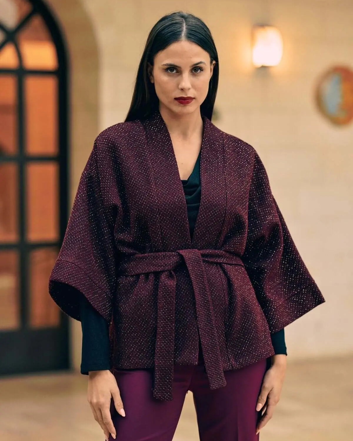 Spolverino kimono con cintura BURGUNDY DORABELLA XXL