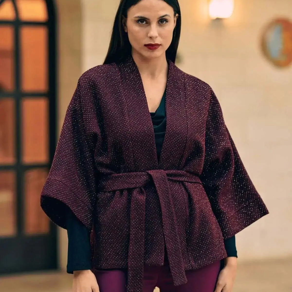 Spolverino kimono con cintura BURGUNDY DORABELLA XXL