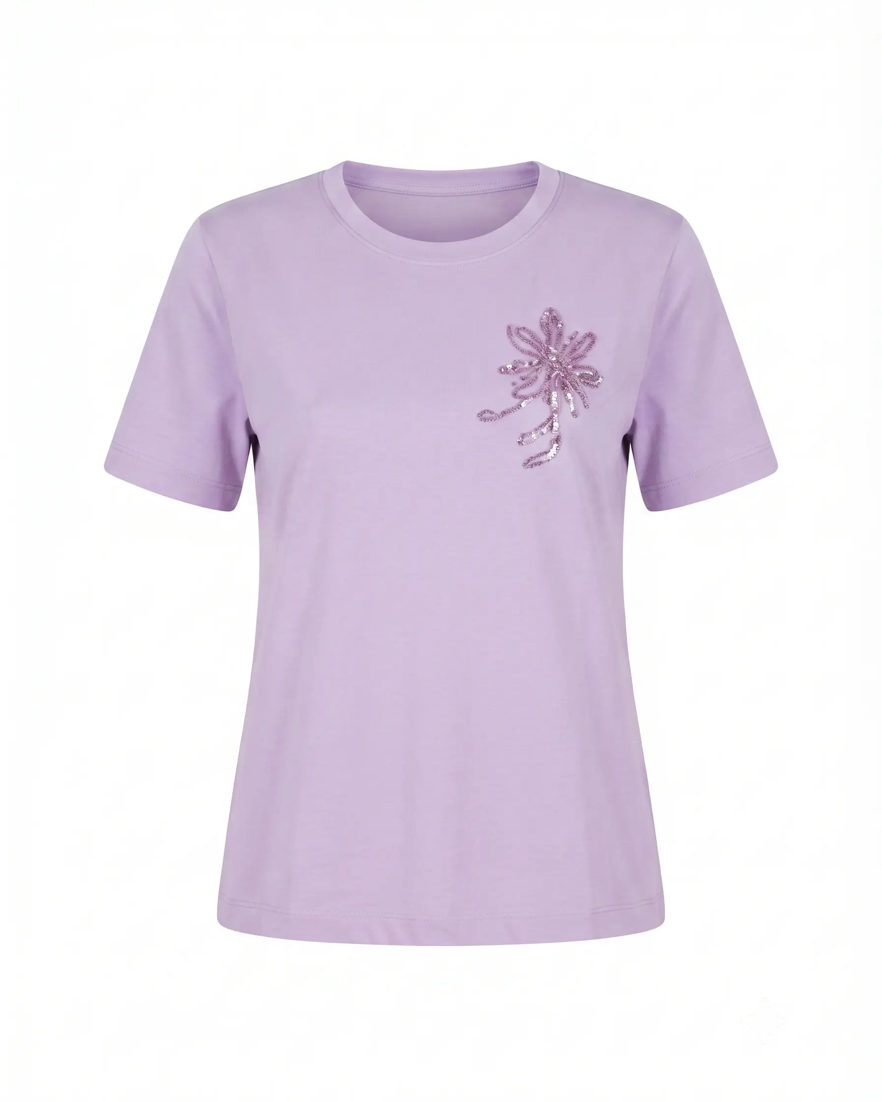 T-Shirt Girocollo con Ricamo Floreale e Paillettes DORABELLA