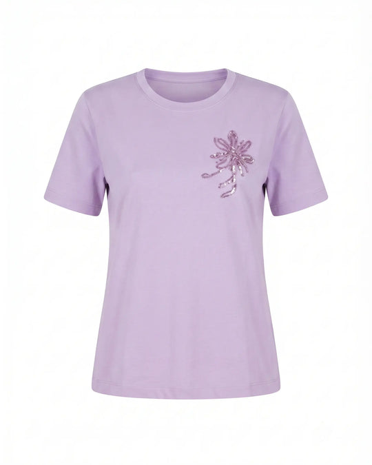 T-Shirt Girocollo con Ricamo Floreale e Paillettes DORABELLA
